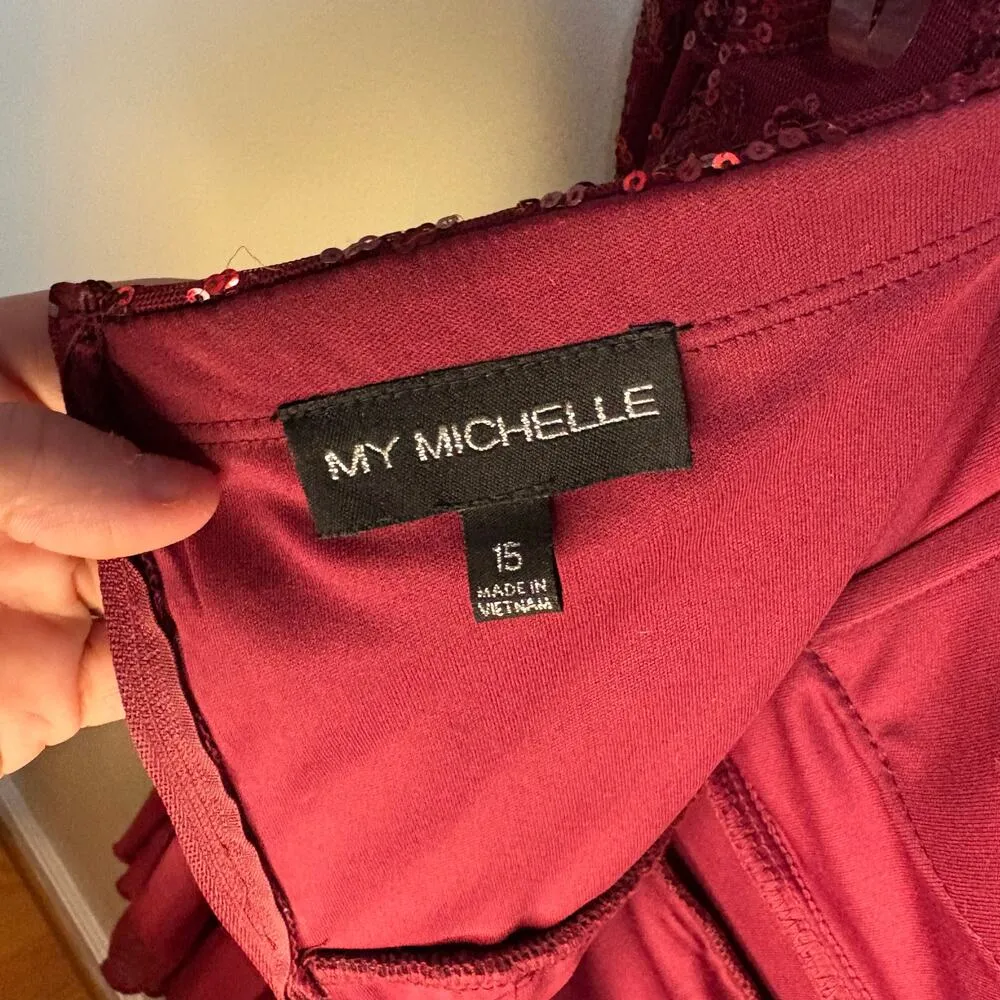 My Michelle Sequin Bodice Maroon Sweetheart V Notch Neckline SZ 15 High Low - Image 8