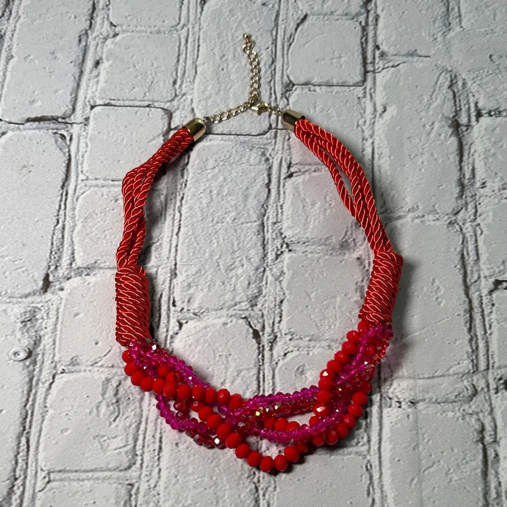 Braided Red Orange Pink Beaded Chunky Statement Necklace - Image 2