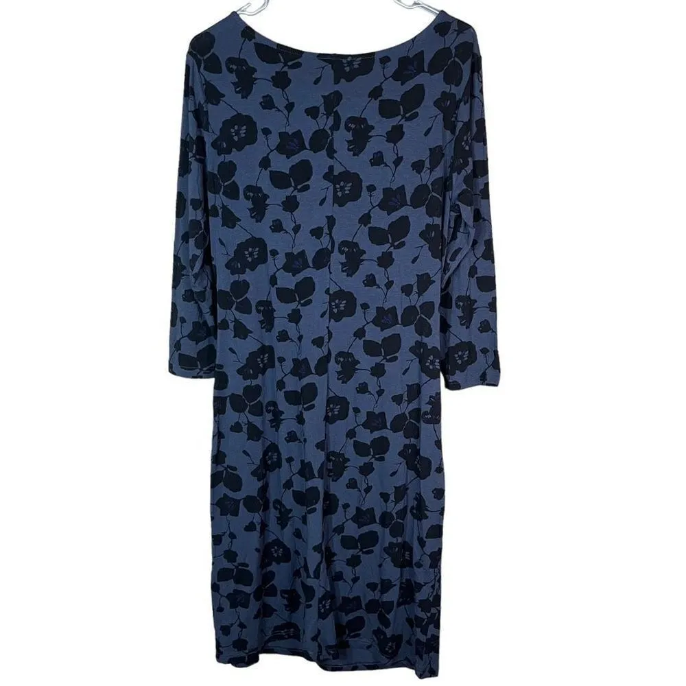 Pendleton Ruched Front Blue Black Flower Print Dress Size Large Petite - Image 4