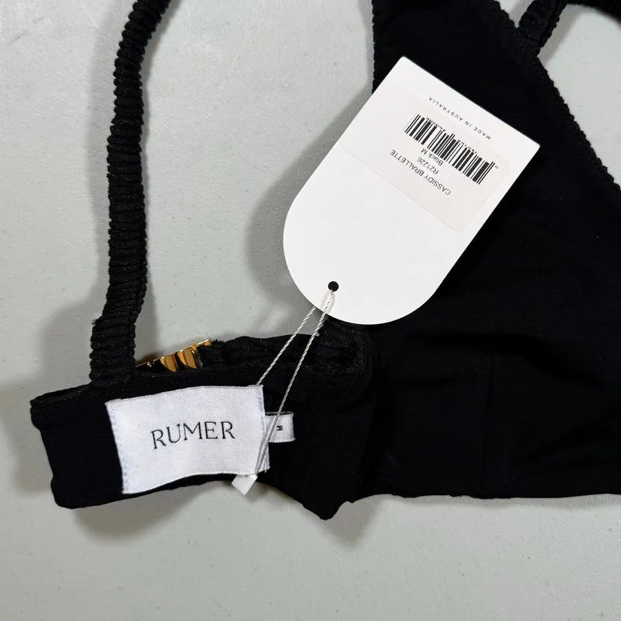 RUMER Cassidy Black Bralette Bikini Top Medium Shimmer Swim NWT Gold Clasp Chic - Image 4