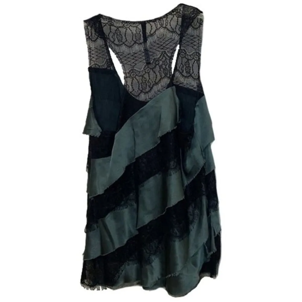 Poleci Green Silk Layered Camisole Tank Top Shirt Womens Size 4 Black Lace - Image 3
