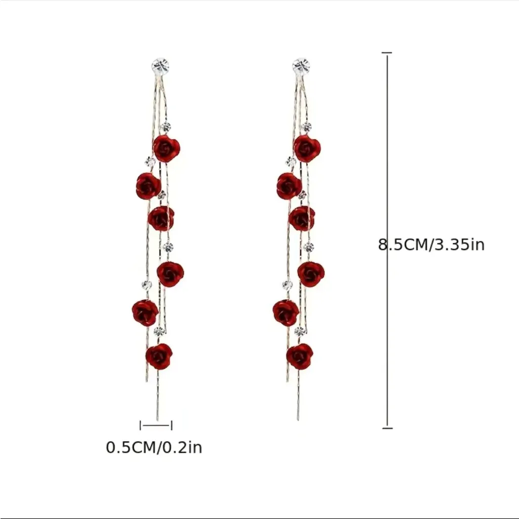 Elegant Style Red Rose Flower Tassel with Shiny Zircon Decor Gold Plated Dangle‎ - Image 4