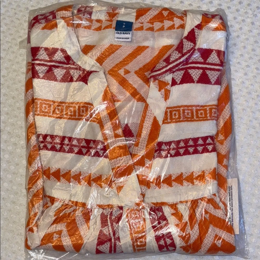 NEW! Old Navy Short Sleeve Jacquard Geometric Print Blouse S Pink Orange Ivory - Image 2
