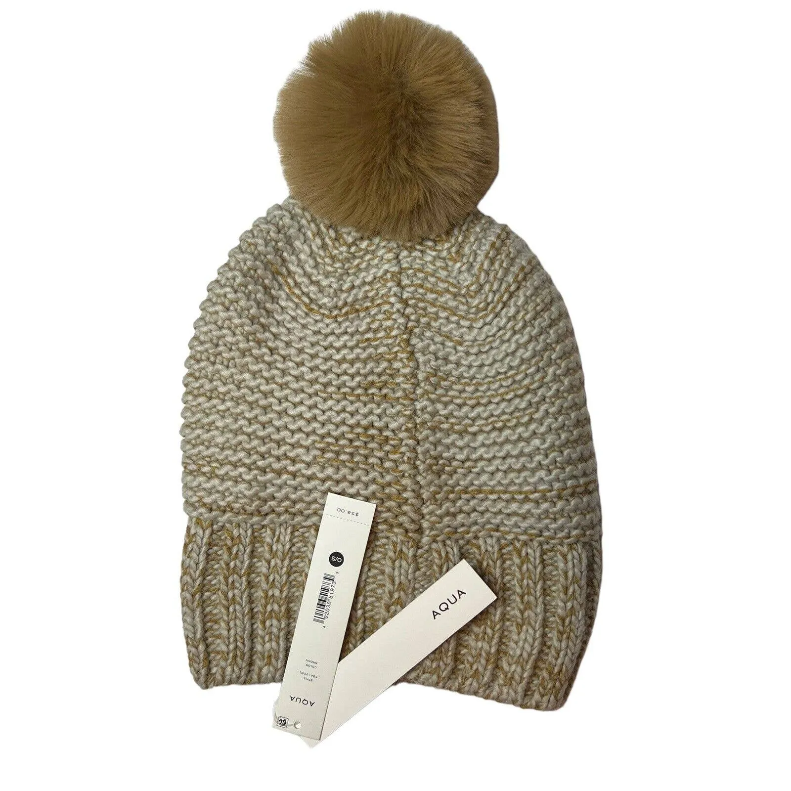 Aqua Tweed Knit Hat with Faux Fur Pom Brown‎ New - Image 2