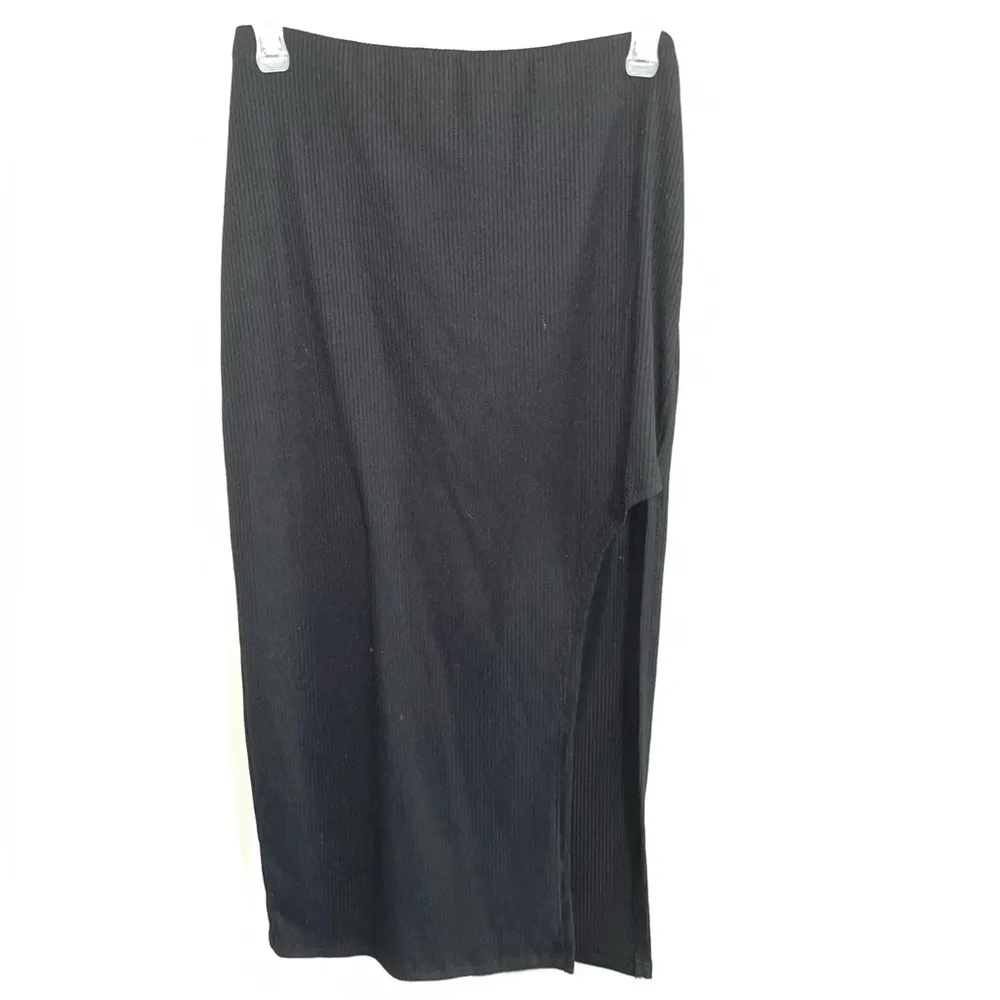 Ninexis Knit Midi Skirt Women Medium Ribbed Cutout Bodycon Classic Festival Boho Black - Image 2