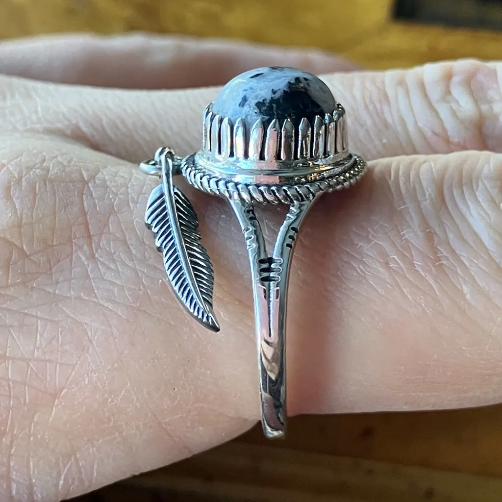 White Buffalo Turquoise Sterling Silver Feather Ring Size 10 - Image 3