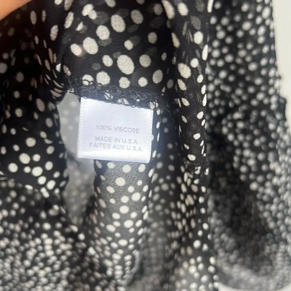 Misa Black White Polka Dot Sheer Button Up Bell Ruffle Sleeve Hi Lo Blouse - Image 5