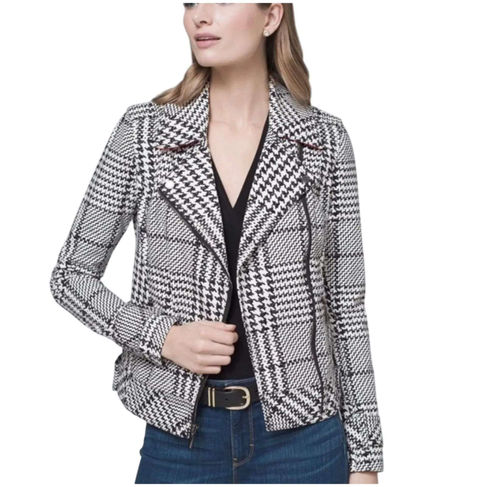 White House Black Market Plaid Houndstooth Moto Jacket Women 12 Black White Edgy - Image 2