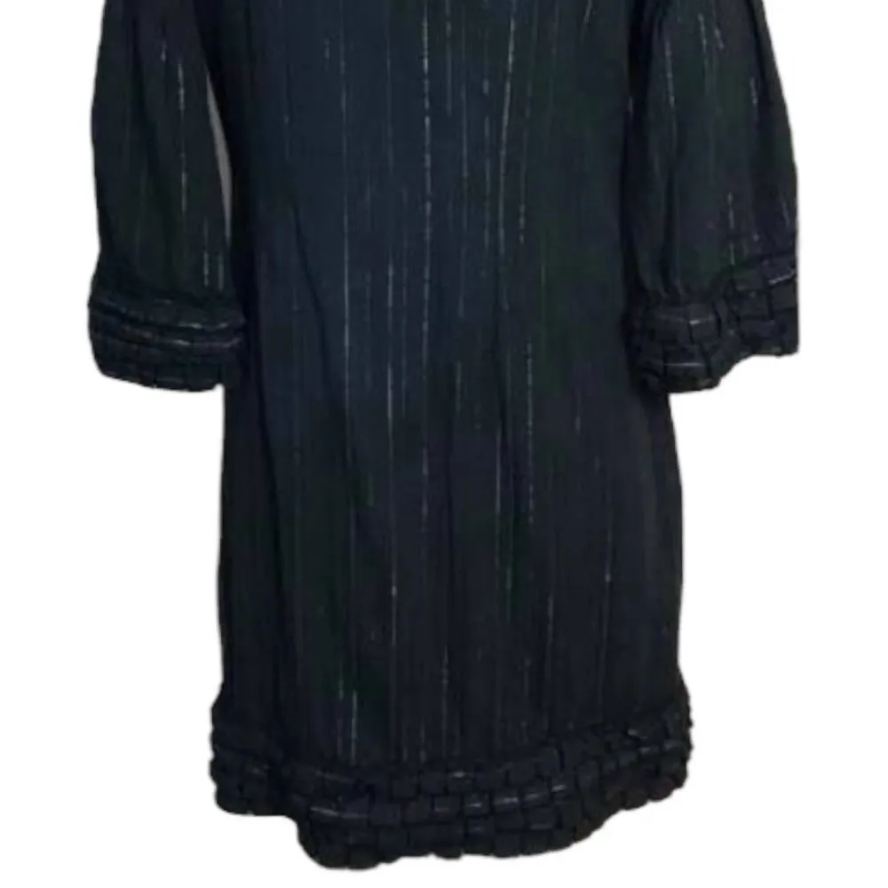 VERTIGO PARIS Black Dress Metallic Pinstripes 3/4 Sleeve Ruffle Round Neck Small - Image 3