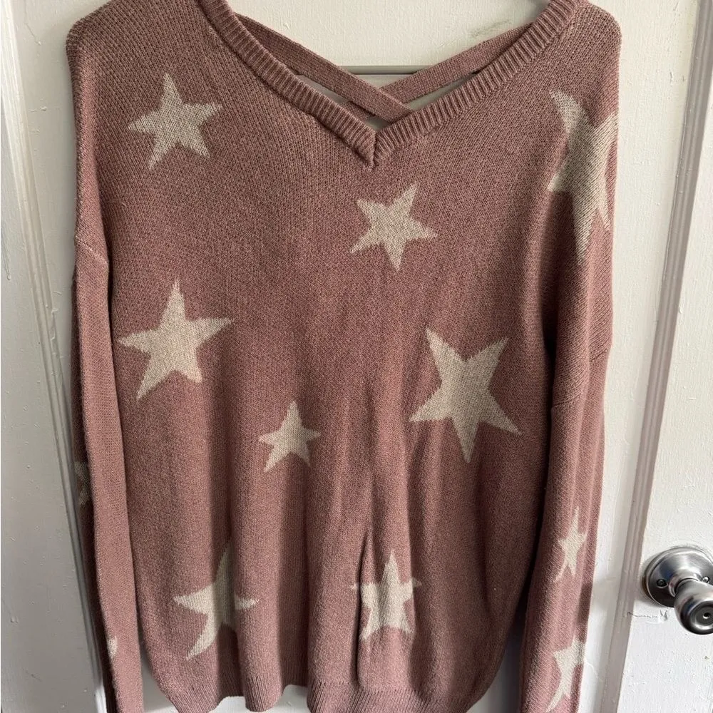 Star Print V Neck Criss Cross Back Sweater Pullover Casual Cute - Image 3