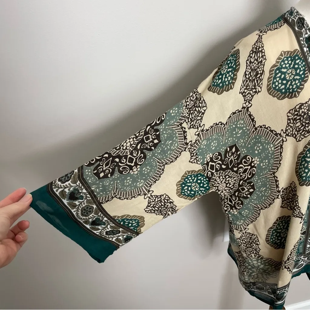 Michael Stars Kimono Cardigan Floral Abstract Art To Wear Boho Green Black Tan - Image 2