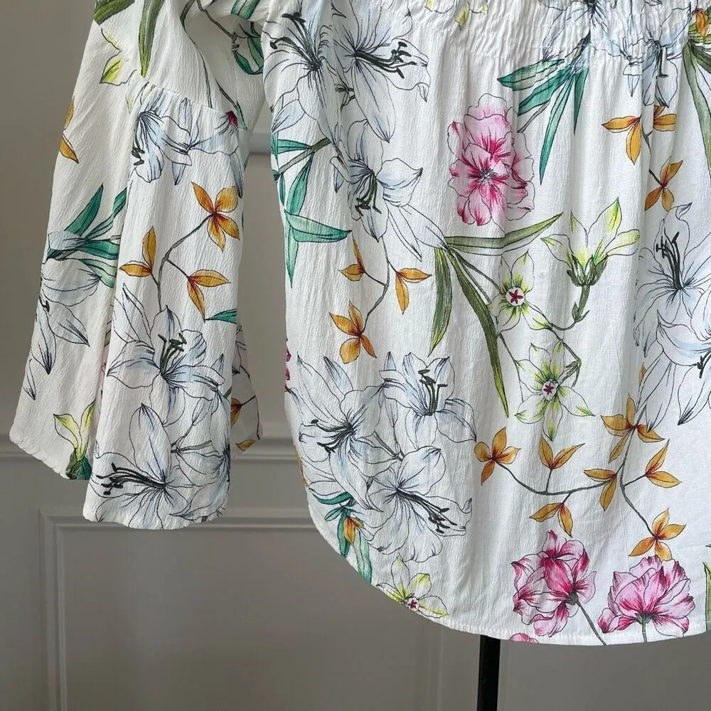 Bershka Floral Flowy Crop Top Off Shoulder Blouse XS - Image 3