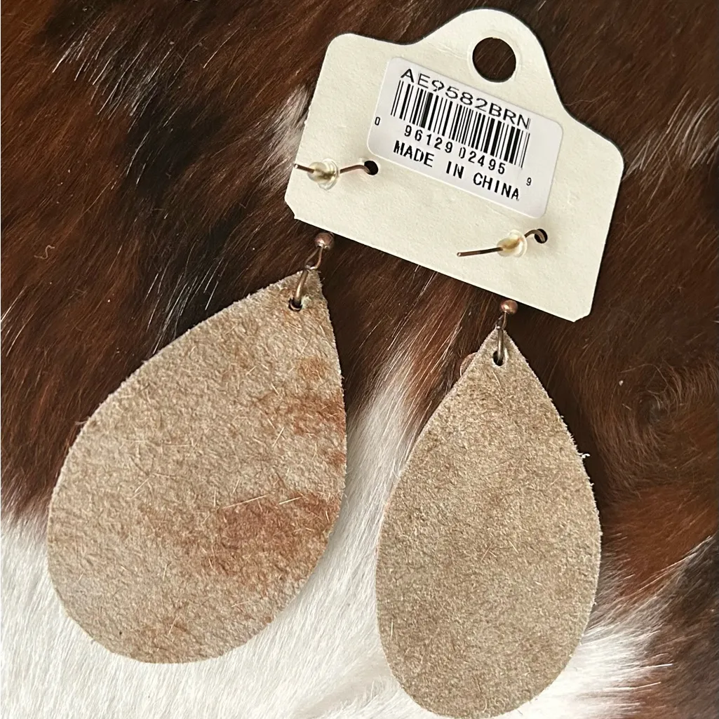 Handmade Cowhide Tear Drop Earrings With Gold & Crystal Accents Brown - Image 2