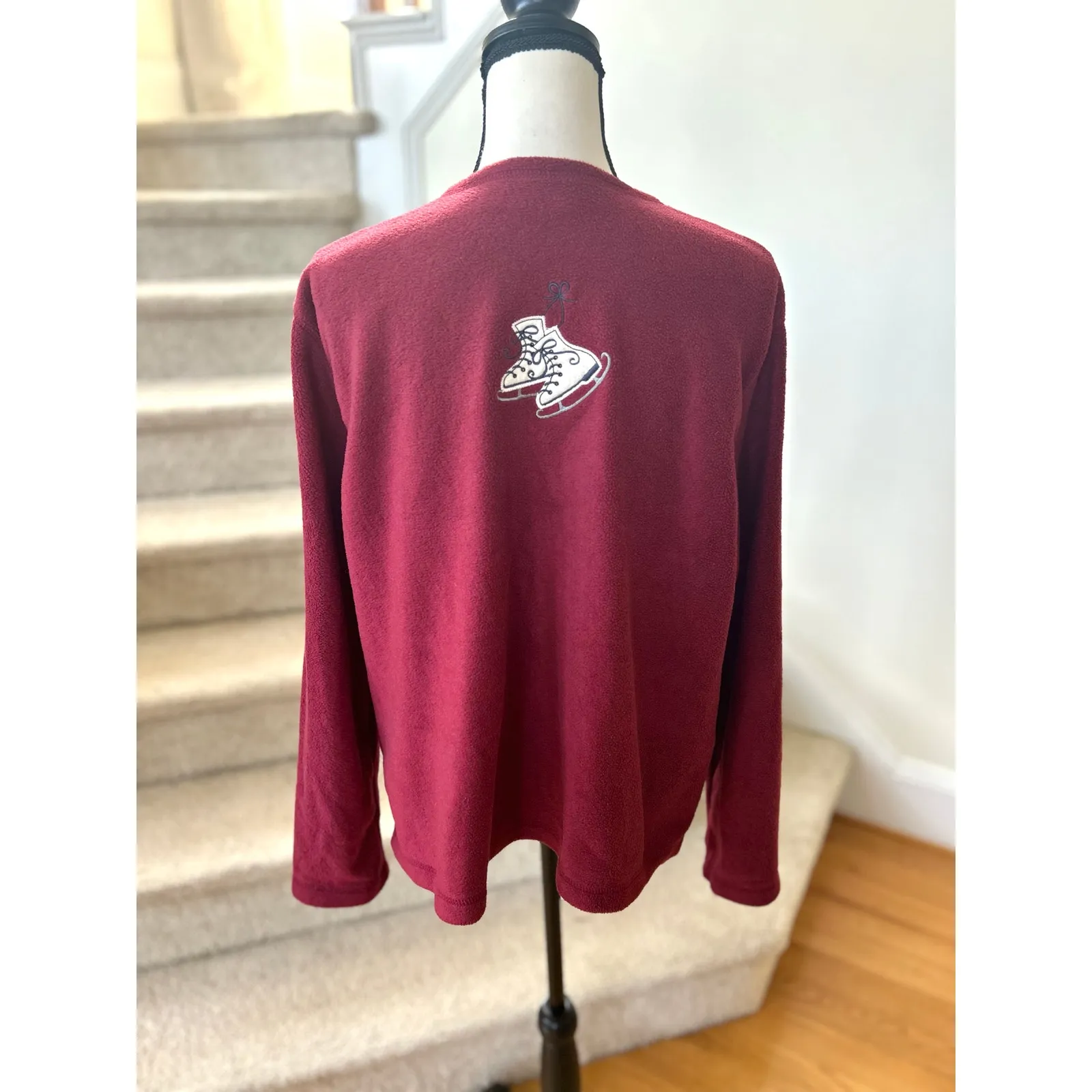 90s Croft Barrow Burgundy Red Fleece Button Winter Applique Cardigan - Image 2