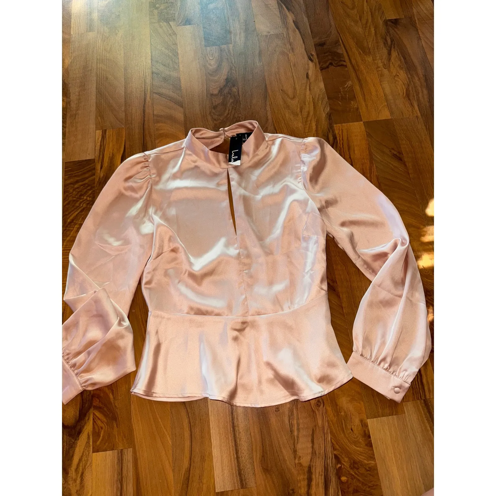 Lulus Satin Peplum Top‎ Mock Neck Long Sleeve Blouse Cutout Back Party Women S - Image 2