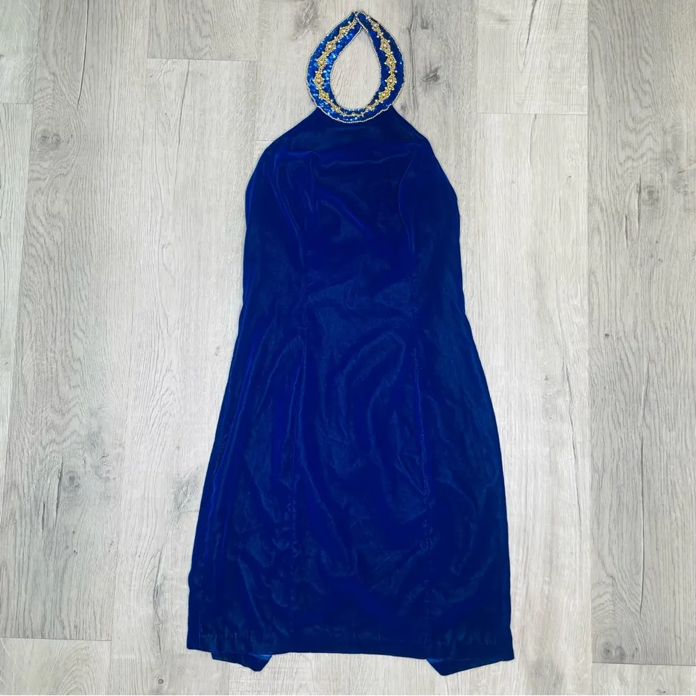 Vintage 80s zum Zum blue velvet retro shift dress with rhinestone collar top s - Image 7