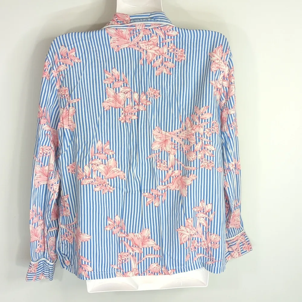 Lauren Ralph Lauren Blue White Striped Floral Cotton Sleepwear Boho Top Medium - Image 4