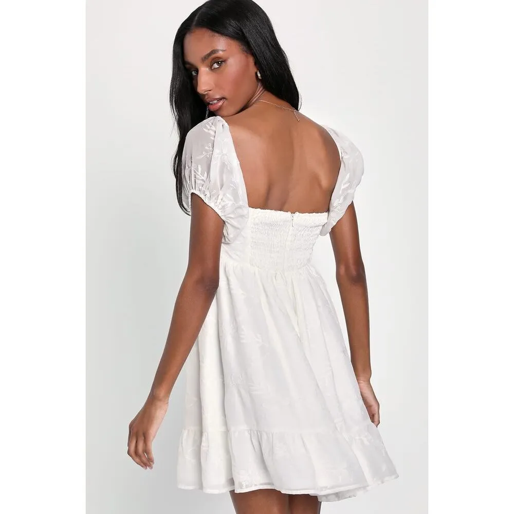 Lulus Cutest Icon White Embroidered Off-the-Shoulder Mini Dress Babydoll Size S - Image 3