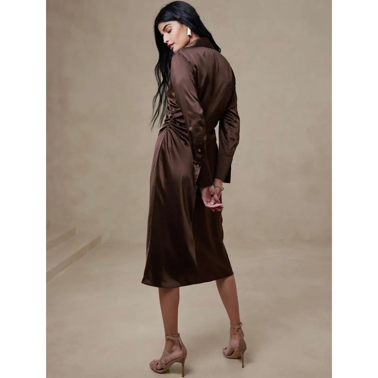 Banana Republic 100% Silk Brown Shirt Dress Petite XXS Button Front - Image 6