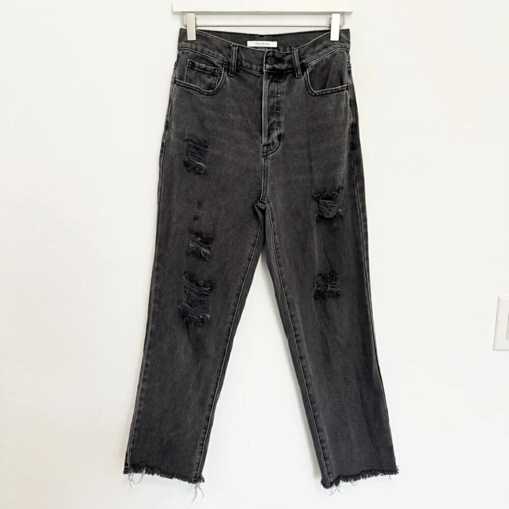 Pacsun High Rise Straight Leg Distressed Ripped Faded Black Jeans Grunge Size 26 - Image 3