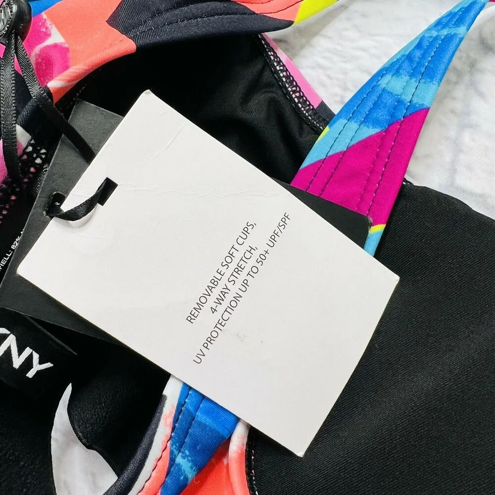 DKNY Women's Black Graffiti Scoop Neck Swimsuit Top Bralette Size M Logo New - Image 6