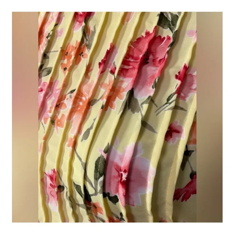 Vintage Miss Dorby Petite Floral Pleated Midi Dress 10P Yellow Belted - Image 3