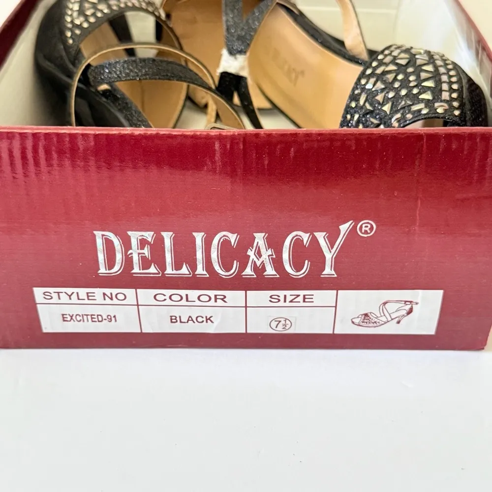 Black Rhinestone Strappy Sparkle Metallic Wedding Sandals Open Toe Heels Glam - Image 6