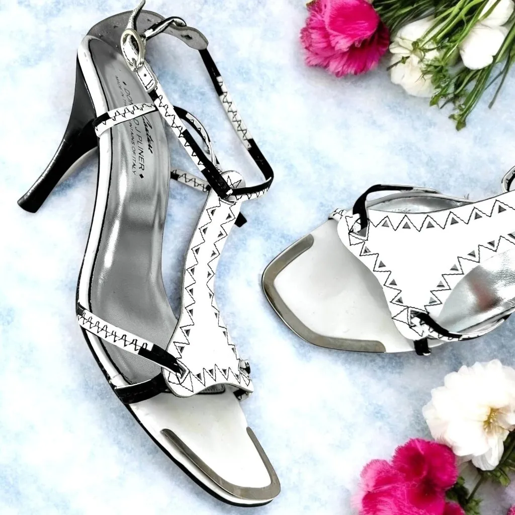 Stuart Weitzman Netta White and Black Leather Cut Out Sandals Heels Size 9 M - Image 2