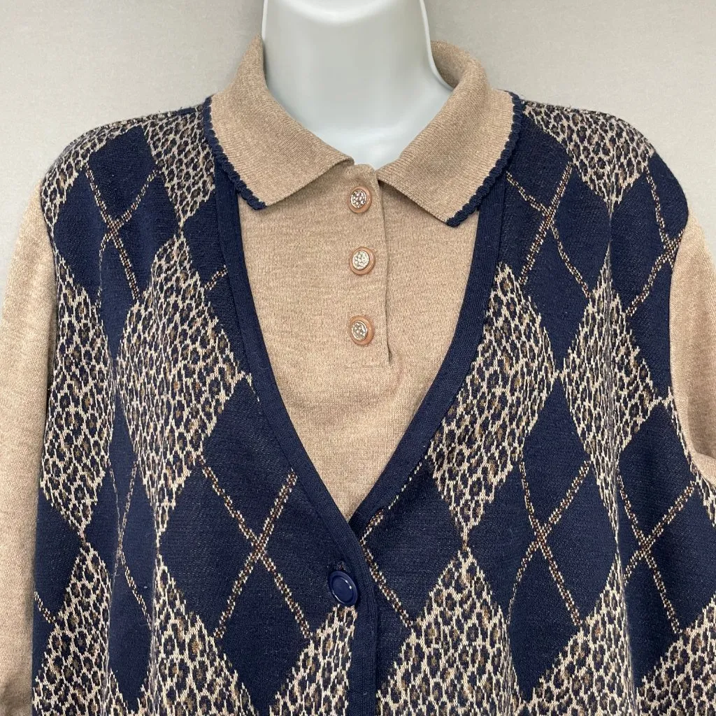 Vintage Argyle Sweater Vest Faux Set‎ Leopard Print Tan Navy Women Size Medium - Image 3