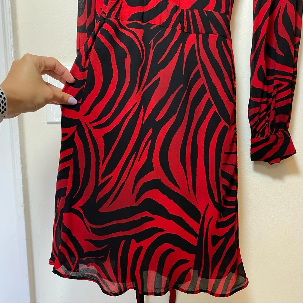 Pinko | Long Island Zebra Print Georgette Belted Wrap Dress Red/Black Sz 4 *FLAW Red - Image 11