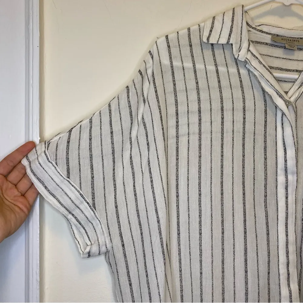 ALLSAINTS Saria Striped Short Sleeve Button Down Shirt Chalk White/Gray Sz XS - Image 5