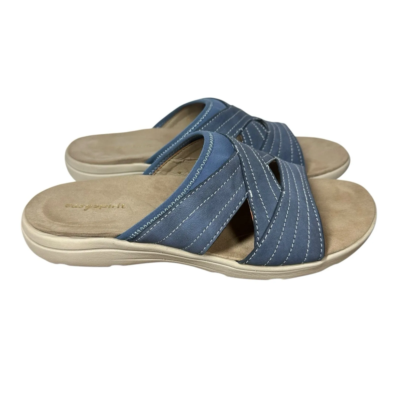 Womens Easy Spirit Setara Leather Slide Sandals Comfort Denim Blue 7.5 W - Image 2