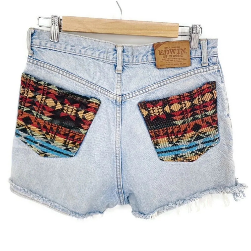 Edwin Jean‎ Cutoff Shorts with Aztec Patches Sz 30 Blue - Image 2