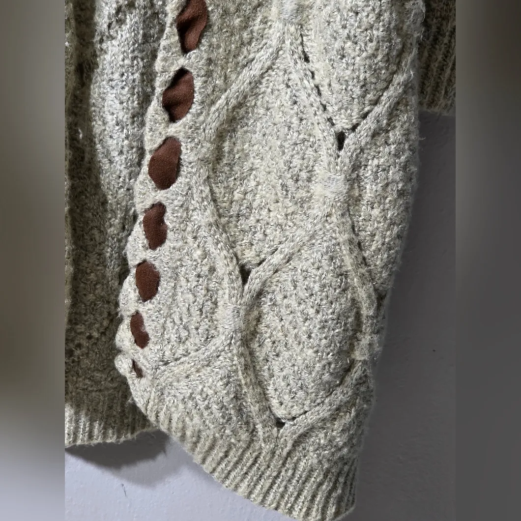 POL Women’s Diamond Eyelet Tan Sweater Cardigan Duster Elbow Patches Boho Size S - Image 5