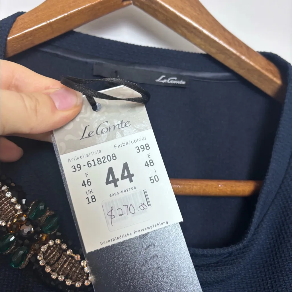 LeComte NWT Elegant Navy Blue Dress with Embellished Jeweled Details Size 14 - Image 4