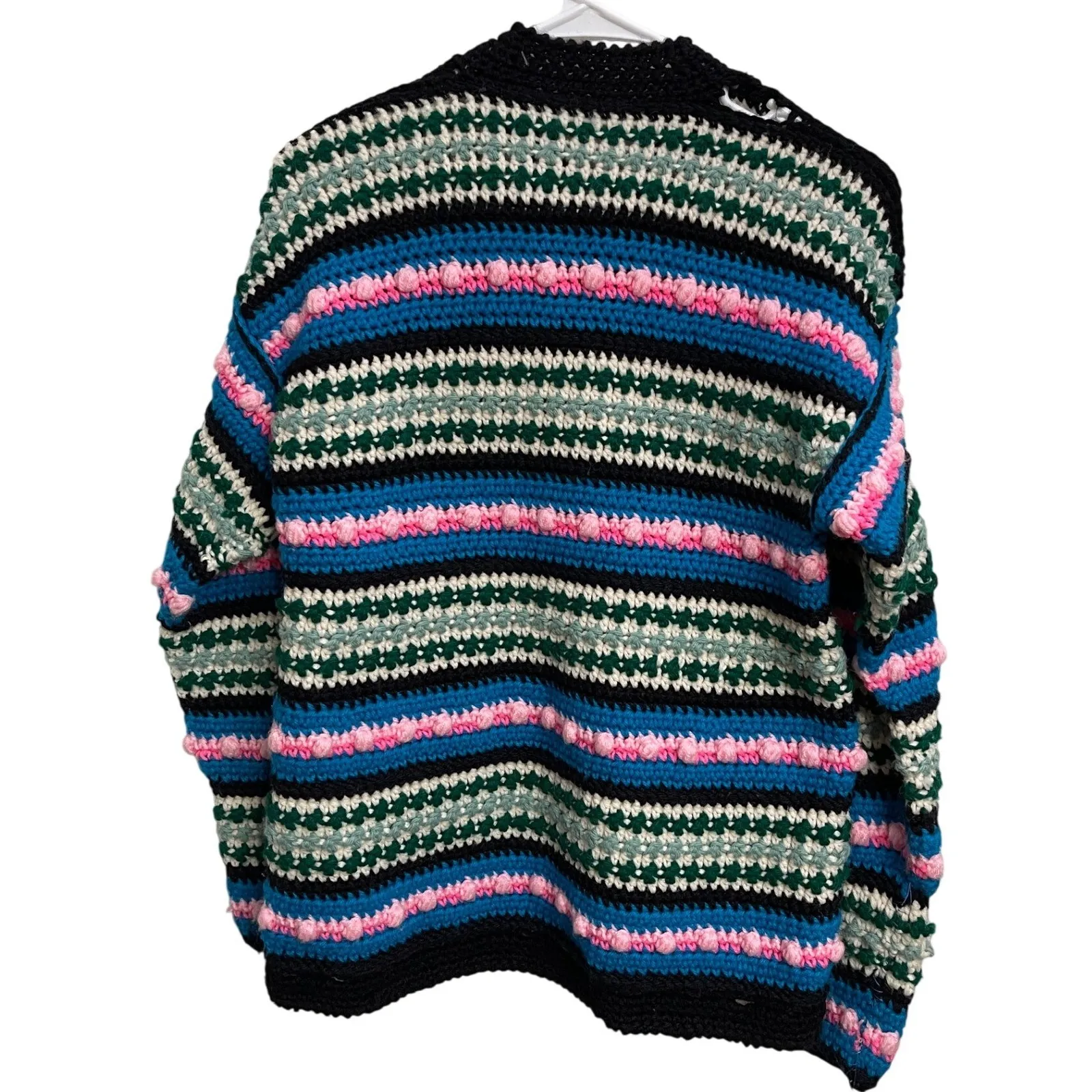 Hand Crocheted Striped Cardigan Chunky Knit Grannycore Sweater w/ Flaw Black - Image 2