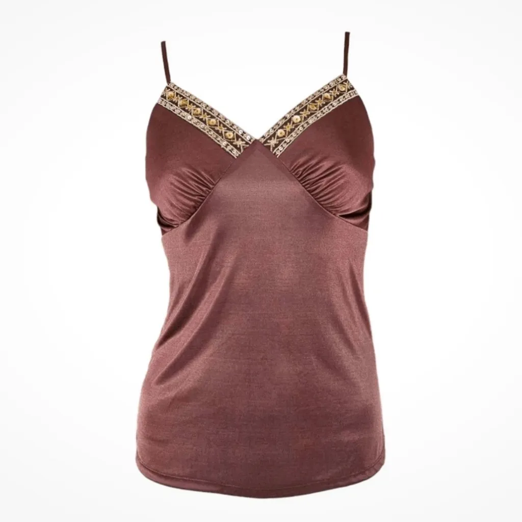 Xhilaration Y2K Satin Stretchy Babydoll Beaded Cami Top Brown Womens Size Medium - Image 2