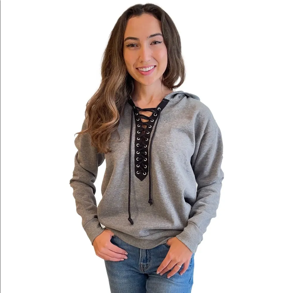 NWOT Lace-Up Pullover Hoodie in Grey with Black Lace-up Slim Fit - Image 2