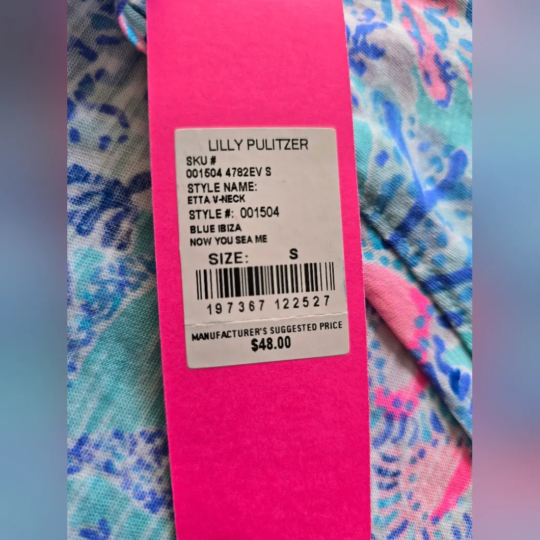 Lilly Pulitzer Etta V-Neck Blue Ibiza Now You Sea Me‎ 100% Cotton Short Sleeve - Image 2