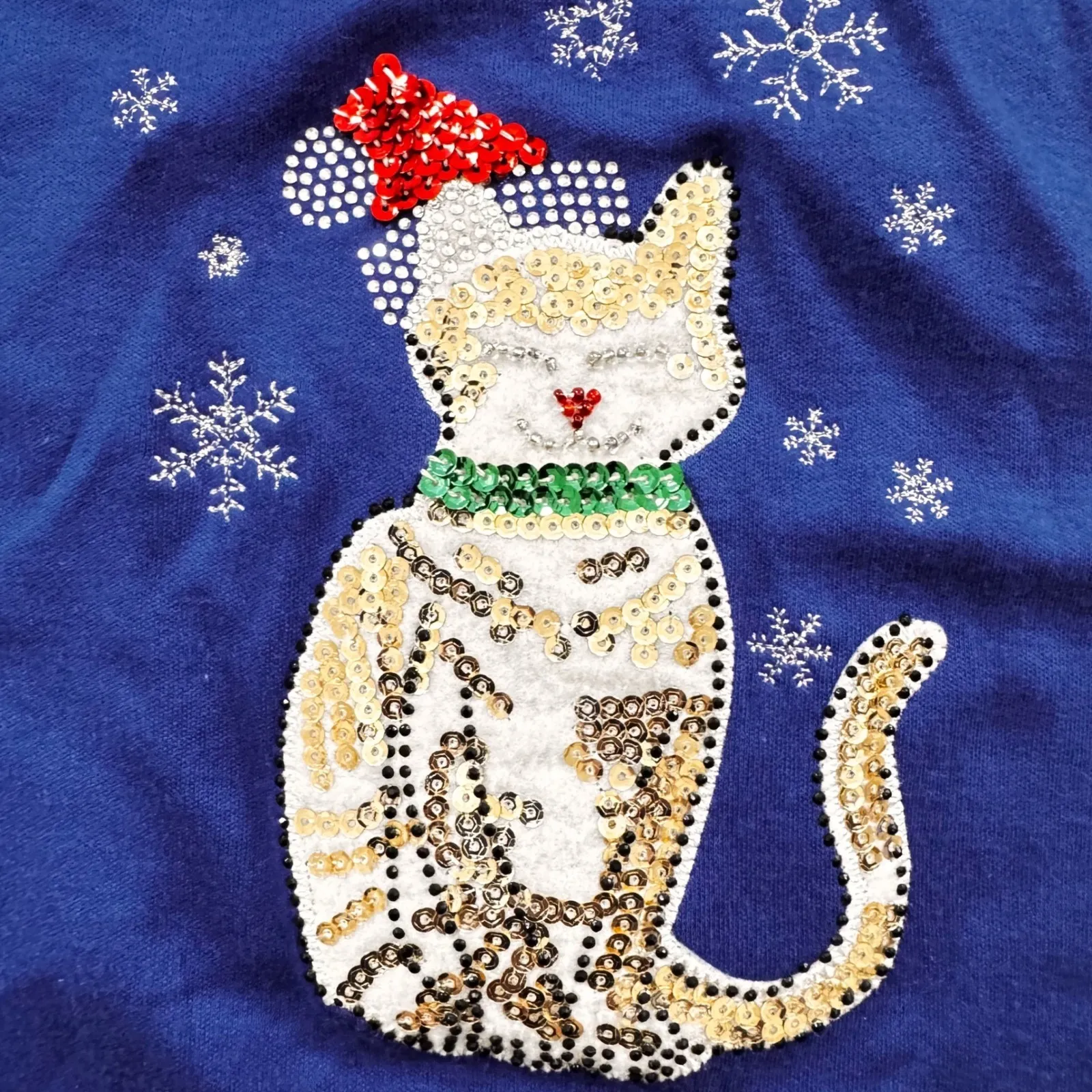 Hampshire Studio Petite Blue‎ Long Sleeve Cat Sequins Holiday T - Image 6