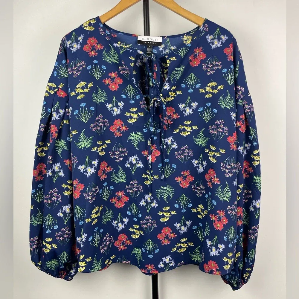 Eloquii  Elements Blue Floral Long Balloon‎ Sleeve Blouse - Image 4