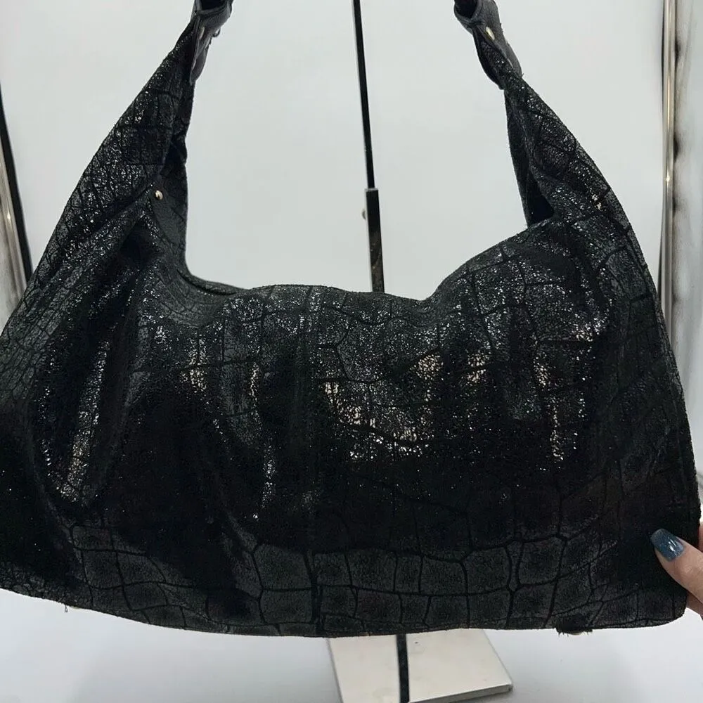 Lola Bernard Shimmer Croco Embossed Soft Leather Slouch Bag Black - Image 3