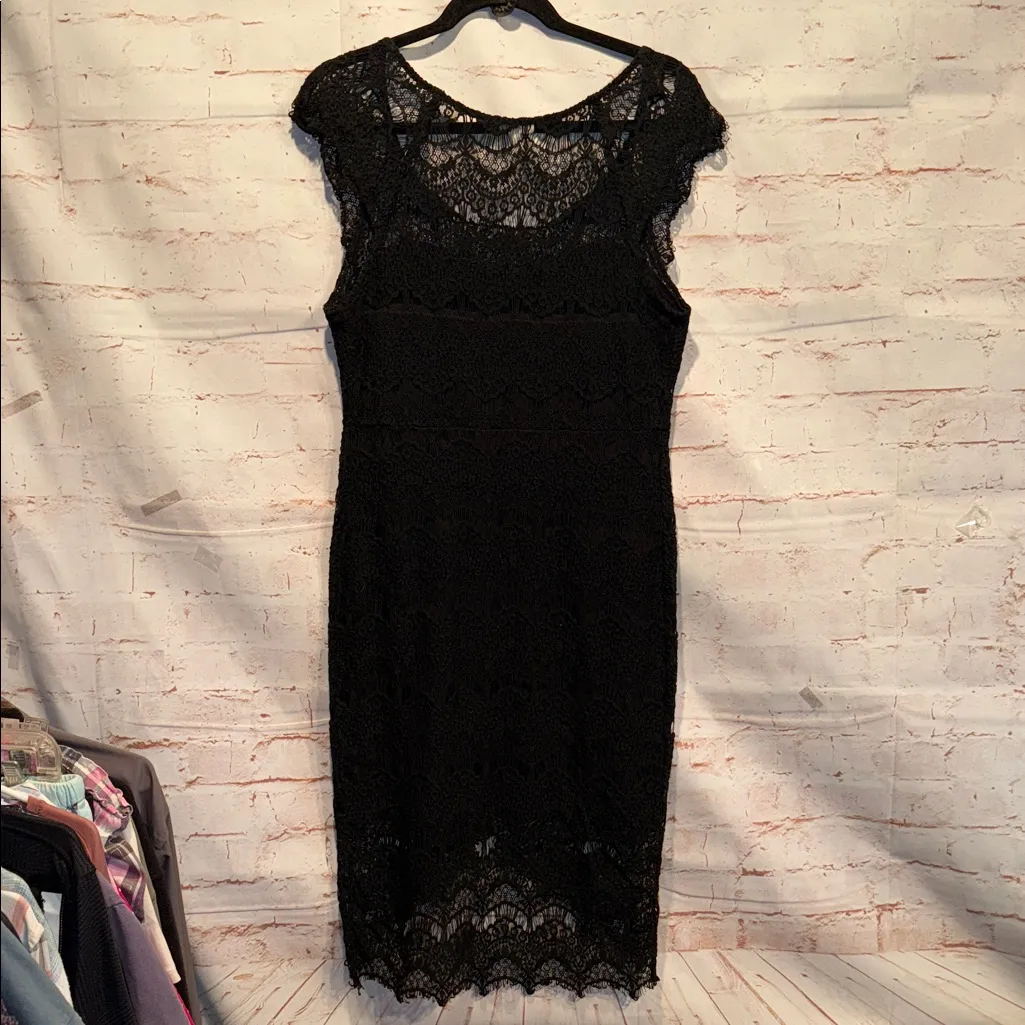 Free People black body con dress midi cap sleeve pullover lace overlay high low - Image 8