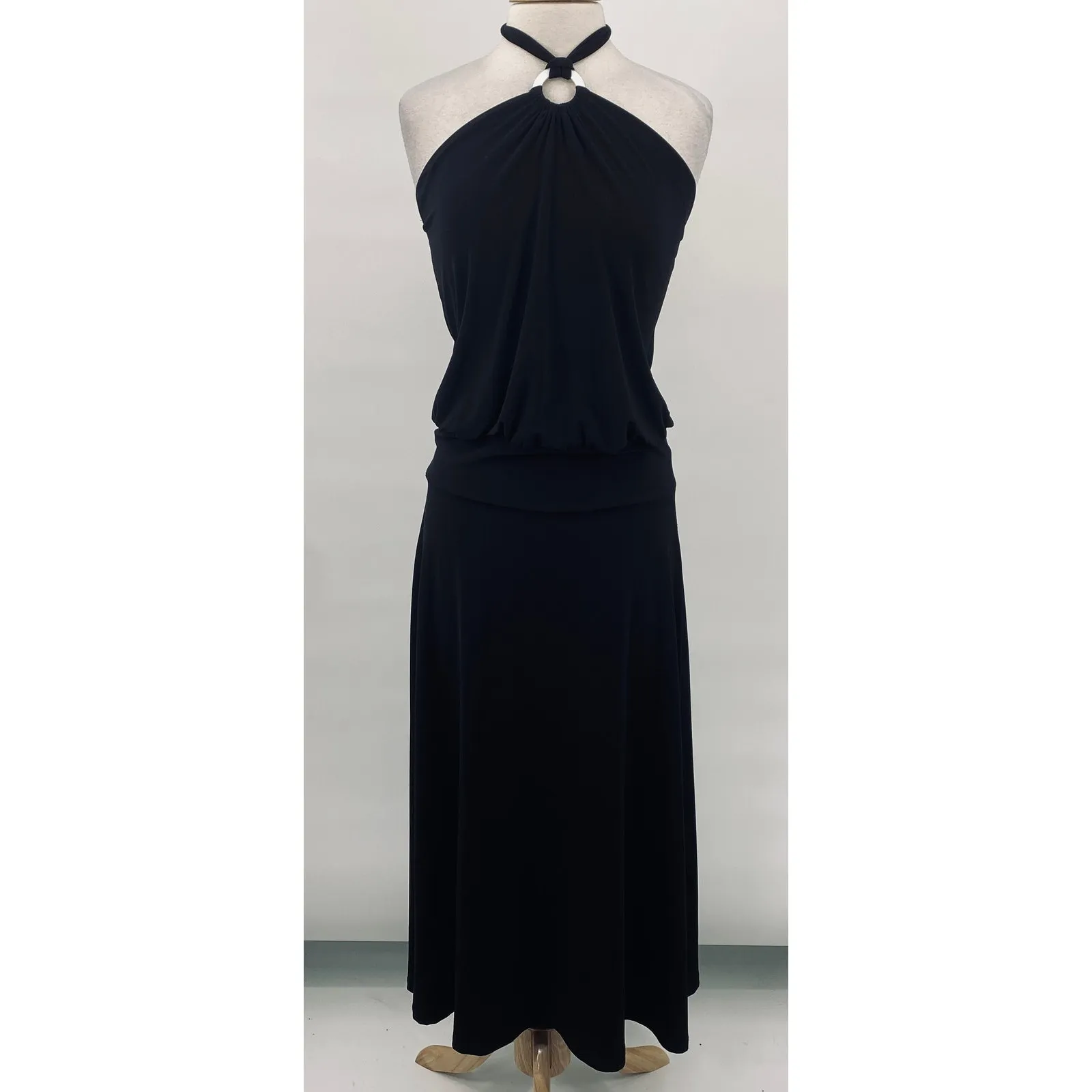 Vintage Y2k Halter O Ring Maxi Dress Blouson Bodice Stretch Knit Black Womens M Size M - Image 4