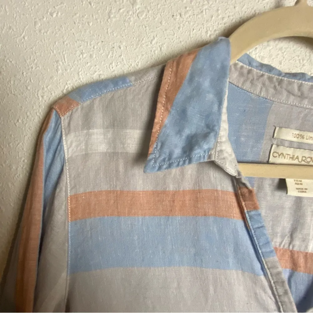 Cynthia Rowley Size Medium Pure Linen Striped Pop Over Blouse Stripes White Blue - Image 5