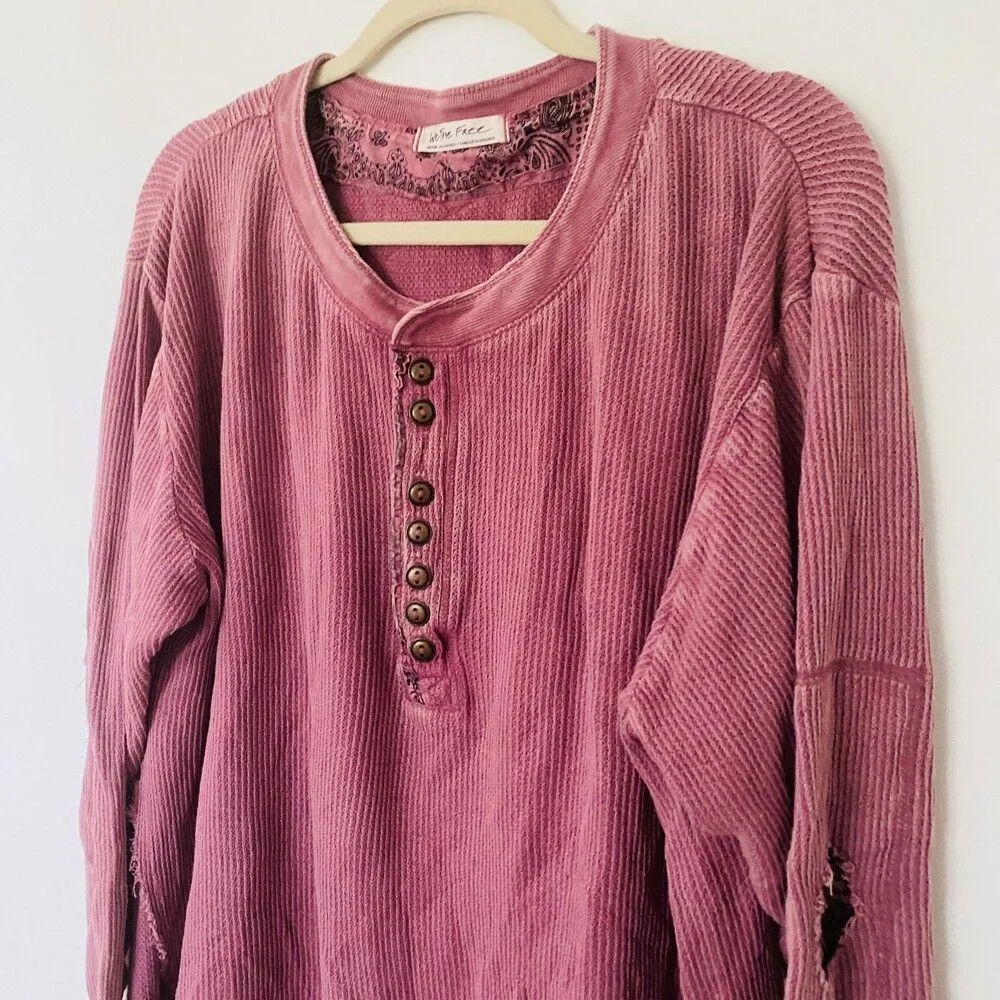 Free People Fall For You Henley Sweet Cranberry Long Sleeve Oversized Top Sz M - Image 9