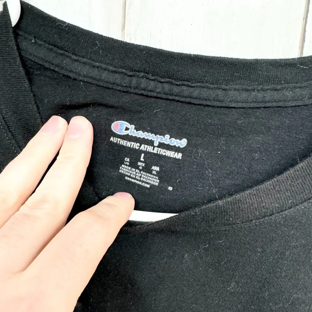 Champion Unisex Size Large Black Short Sleeve Graphic Logo Cotton T Shirt Casual - Image 2