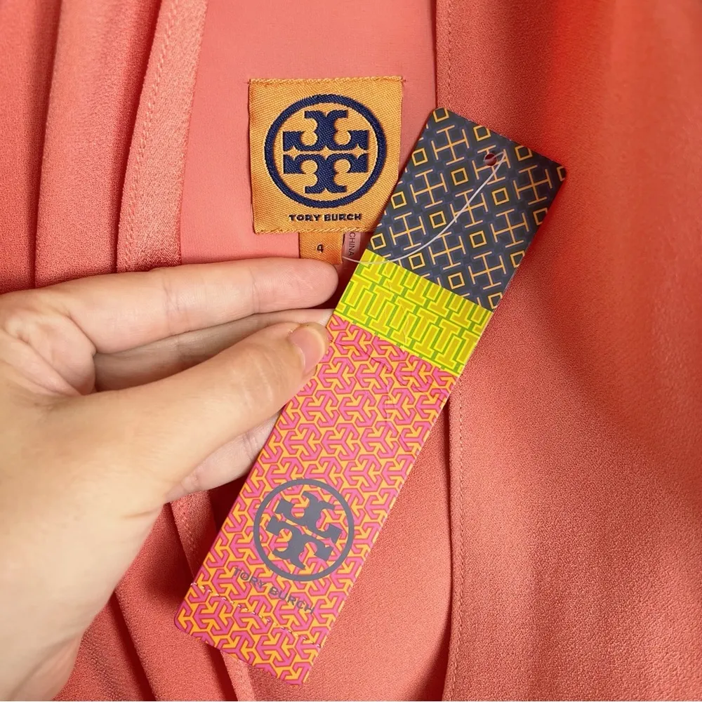 Tory Burch • Kaaren Dress tie front a-line coral peach salmon halter sleeveless - Image 5