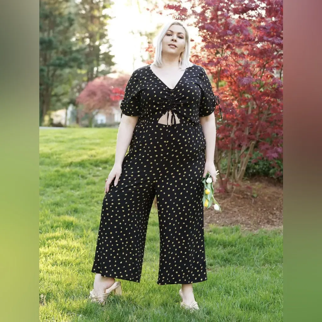 Eloquii Black Gold Polka Dot Floral Daisy Cut Out Jumpsuit Women’s Plus Size 18 - Image 6