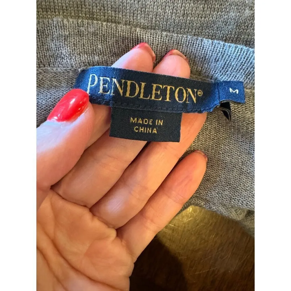 Pendleton Sweater Women Medium Gray Merino Wool Knit V Neck Pullover Preppy - Image 9